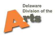 A logo of a giant orange letter A as part of the words Delaware Division of the Arts