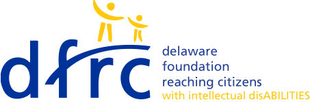 A logo of the letters dfrc with a hillside and two people standing ontop, with the words delaware foundation reaching citizens with intellectual disabilities next to it